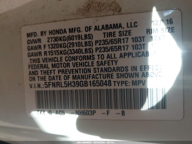 Honda ODYSSEY SE 2016 5FNRL5H39GB165048 Image 9