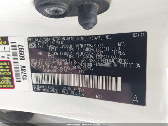 Aukcja sprzedaży 2014 Toyota Sienna Le V6 8 Passenger, vin: 5TDKK3DC5ES468108, numer aukcji: 45969628