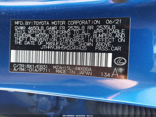 2021 Lexus Ux 250h მანქანა იყიდება აუქციონზე, vin: JTHR9JBH5M2049435, აუქციონის ნომერი: 45969629