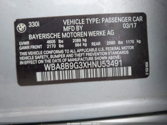 45969638 :رقم المزاد ، WBA8B9G3XHNU53491 vin ، 2017 Bmw 3 Series 330i مزاد بيع