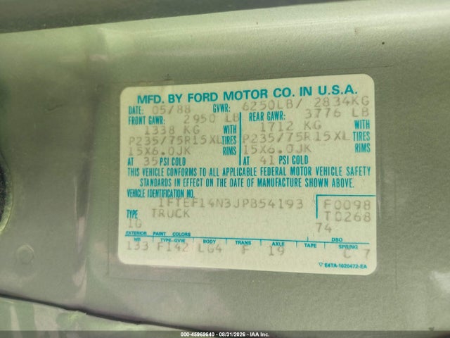 1988 Ford F150 მანქანა იყიდება აუქციონზე, vin: 1FTEF14N3JPB54193, აუქციონის ნომერი: 45969640