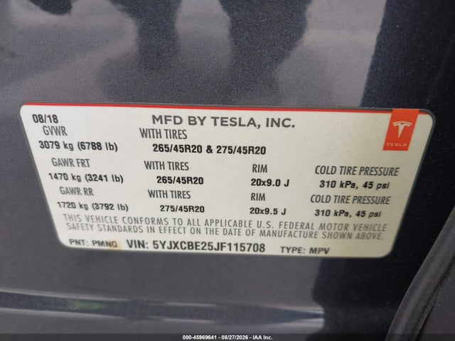 Продажа на аукционе авто 2018 Tesla Model X 100d/75d/p100d, vin: 5YJXCBE25JF115708, номер лота: 45969641