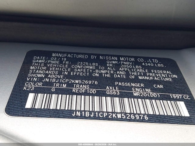 Продаж на аукціоні авто 2019 Nissan Rogue Sport S, vin: JN1BJ1CP2KW526976, номер лоту: 45969644