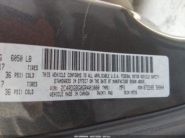 45969646 :رقم المزاد ، 2C4RDGBG0GR401000 vin ، 2016 Dodge Grand Caravan Se Plus مزاد بيع