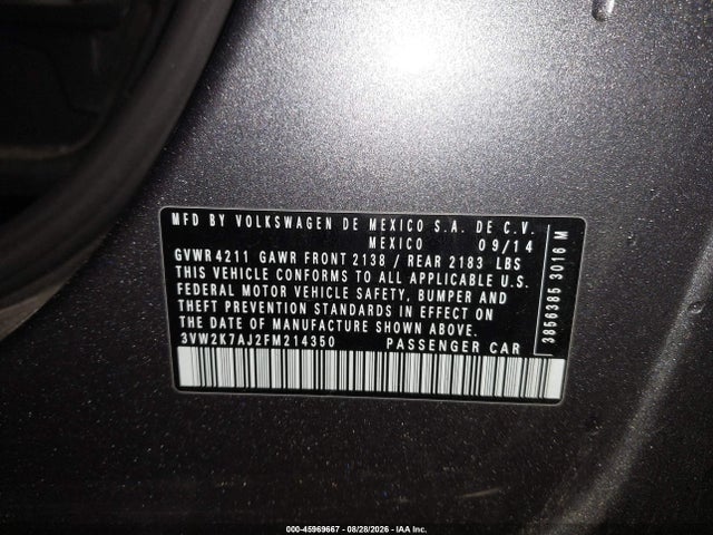 Продаж на аукціоні авто 2015 Volkswagen Jetta 2.0l S, vin: 3VW2K7AJ2FM214350, номер лоту: 45969667