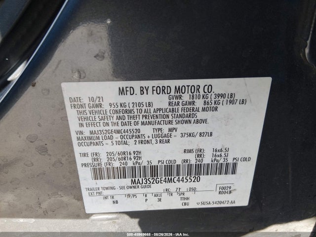 45969668 :رقم المزاد ، MAJ3S2GE4MC445520 vin ، 2021 Ford Ecosport Se مزاد بيع