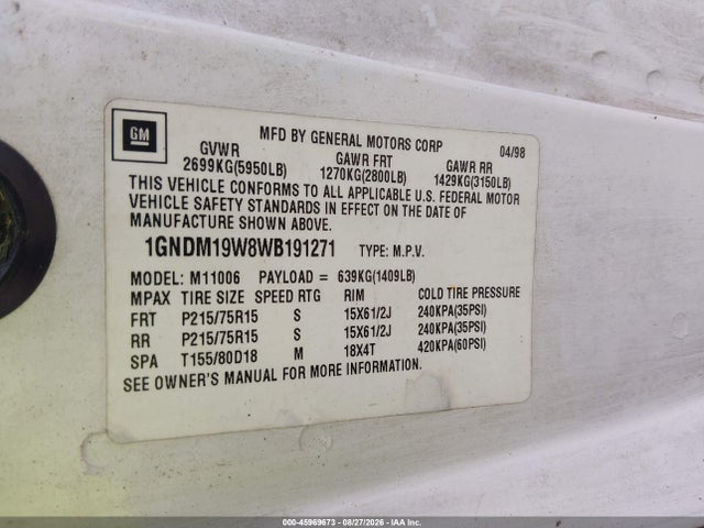 Продаж на аукціоні авто 1998 Chevrolet Astro, vin: 1GNDM19W8WB191271, номер лоту: 45969673
