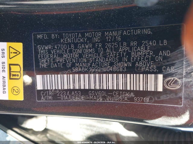 Aukcja sprzedaży 2017 Lexus Es 350, vin: 58ABK1GG0HU048683, numer aukcji: 45969674