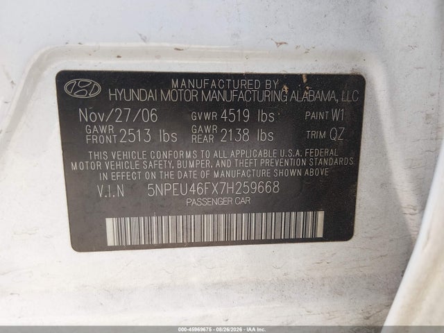 45969675 :رقم المزاد ، 5NPEU46FX7H259668 vin ، 2007 Hyundai Sonata Limited/se V6 مزاد بيع