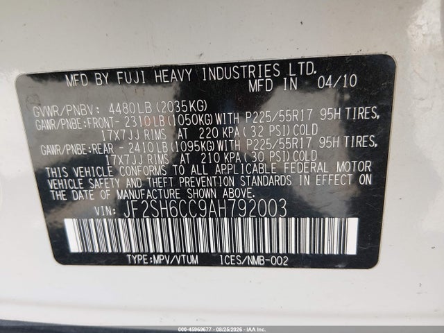 Продаж на аукціоні авто 2010 Subaru Forester 2.5x Premium, vin: JF2SH6CC9AH792003, номер лоту: 45969677