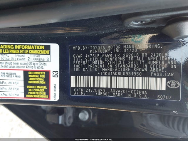 Продажа на аукционе авто 2020 Toyota Camry Xse, vin: 4T1K61AK6LU931950, номер лота: 45969701