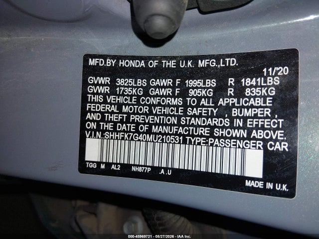 Aukcja sprzedaży 2021 Honda Civic Sport, vin: SHHFK7G40MU210531, numer aukcji: 45969721