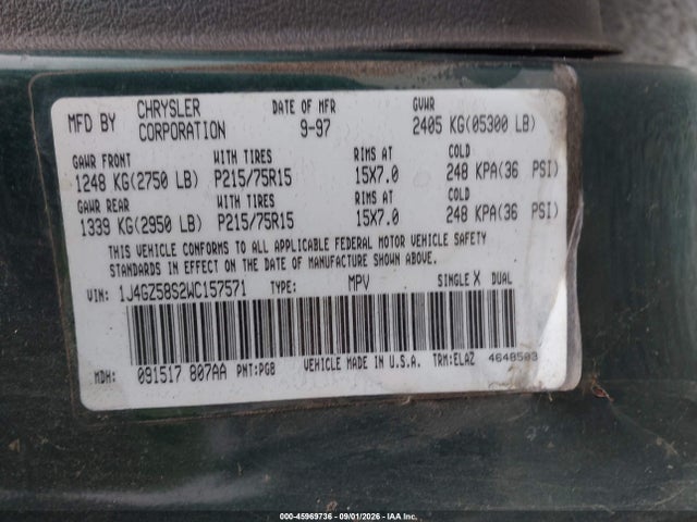 Продаж на аукціоні авто 1998 Jeep Grand Cherokee Laredo, vin: 1J4GZ58S2WC157571, номер лоту: 45969736