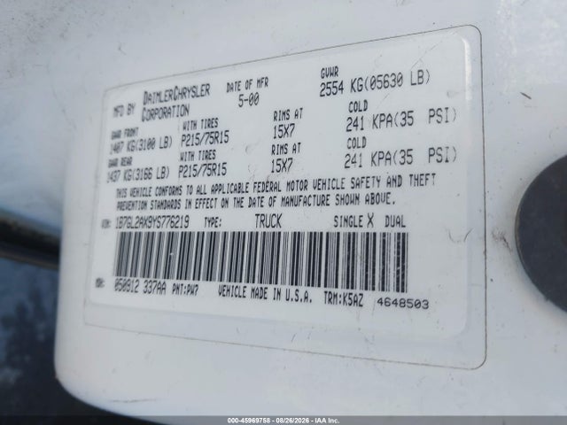 45969758 :رقم المزاد ، 1B7GL2AX9YS776219 vin ، 2000 Dodge Dakota Slt/sport مزاد بيع