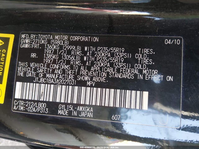 Aukcja sprzedaży 2010 Lexus Rx 450h, vin: JTJBC1BA3A2027031, numer aukcji: 45969770