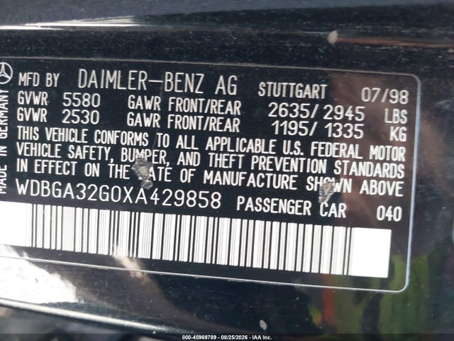 Продаж на аукціоні авто 1999 Mercedes-benz S 320, vin: WDBGA32G0XA429858, номер лоту: 45969789