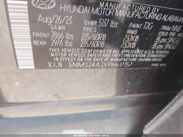 Продаж на аукціоні авто 2023 Hyundai Santa Fe Sel, vin: 5NMS24AJXPH617157, номер лоту: 45969795
