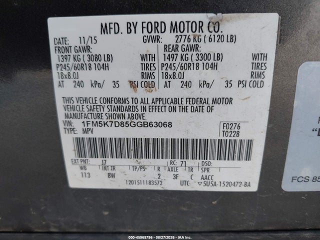 Aukcja sprzedaży 2016 Ford Explorer Xlt, vin: 1FM5K7D85GGB63068, numer aukcji: 45969796