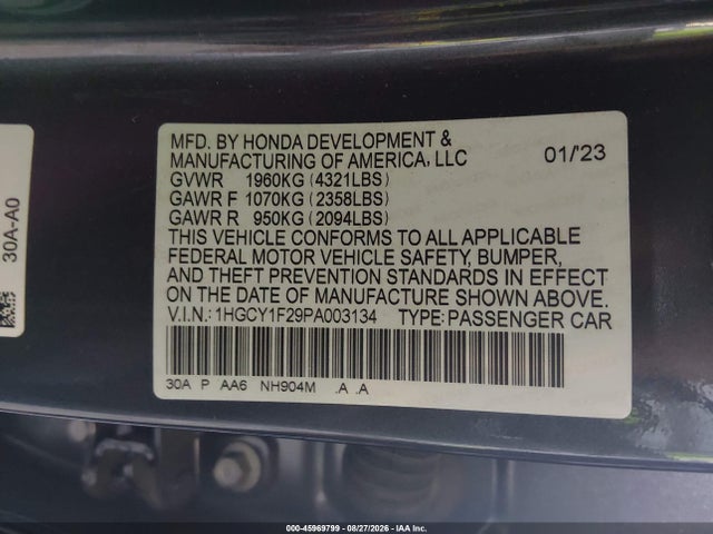 Продаж на аукціоні авто 2023 Honda Accord Lx, vin: 1HGCY1F29PA003134, номер лоту: 45969799