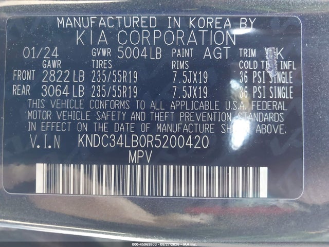 Aukcja sprzedaży 2024 Kia Ev6 Light, vin: KNDC34LB0R5200420, numer aukcji: 45969803