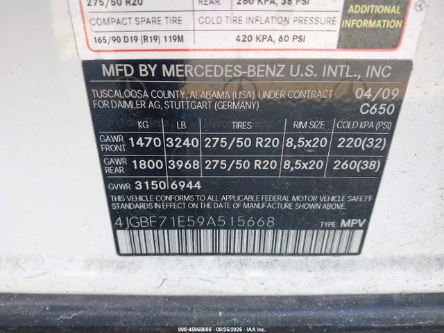 Aukcja sprzedaży 2009 Mercedes-benz Gl 450 4matic, vin: 4JGBF71E59A515668, numer aukcji: 45969808