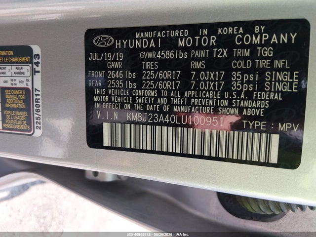 Aukcja sprzedaży 2020 Hyundai Tucson Se, vin: KM8J23A40LU100951, numer aukcji: 45969826