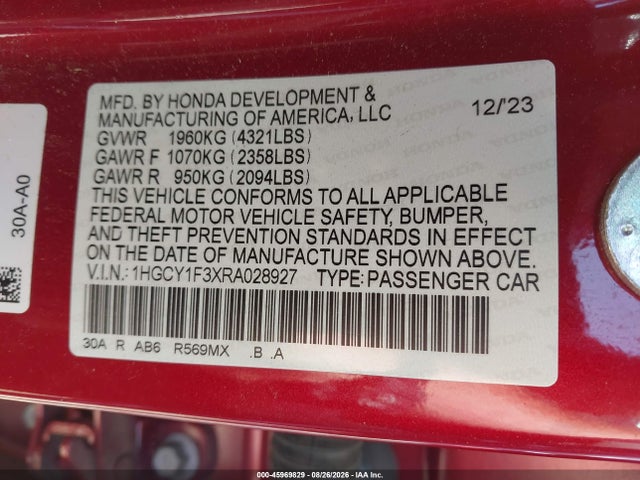 Aukcja sprzedaży 2024 Honda Accord Ex, vin: 1HGCY1F3XRA028927, numer aukcji: 45969829