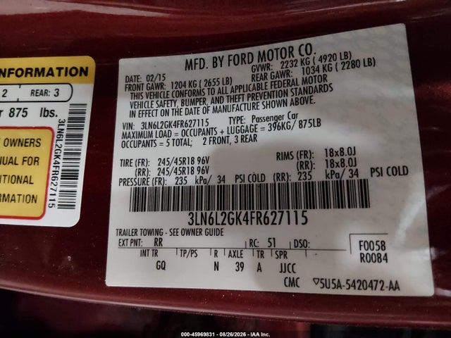 Lincoln MKZ 2015 3LN6L2GK4FR627115 Image 9
