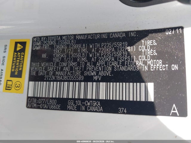 Aukcja sprzedaży 2011 Lexus Rx 350, vin: 2T2ZK1BA3BC055589, numer aukcji: 45969838