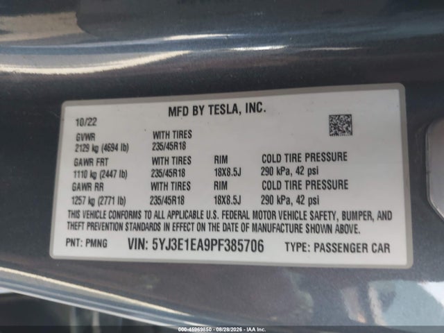 5YJ3E1EA9PF385706 Tesla Model 3 Rear-wheel Drive
