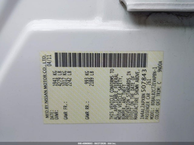 2011 Nissan Altima 2.5 S მანქანა იყიდება აუქციონზე, vin: 1N4AL2APXBN507843, აუქციონის ნომერი: 45969883