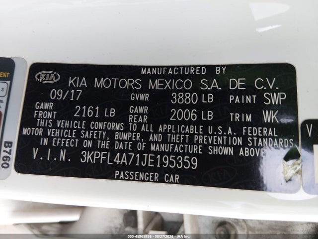 Продажа на аукционе авто 2018 Kia Forte Lx, vin: 3KPFL4A71JE195359, номер лота: 45969886