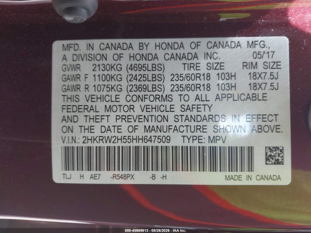 45969913 :رقم المزاد ، 2HKRW2H55HH647509 vin ، 2017 Honda Cr-v Ex مزاد بيع