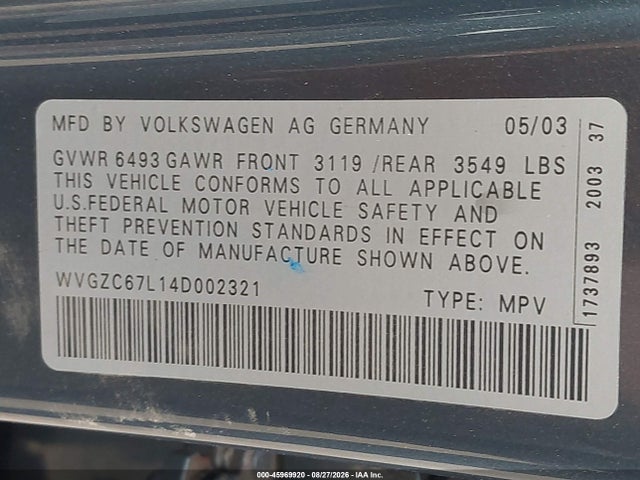 2004 Volkswagen Touareg V6 მანქანა იყიდება აუქციონზე, vin: WVGZC67L14D002321, აუქციონის ნომერი: 45969920