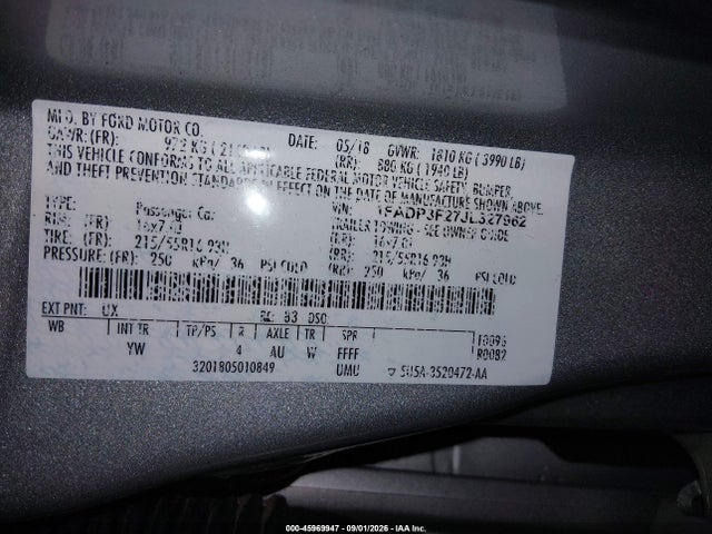 1FADP3F27JL327962 Ford FOCUS SE