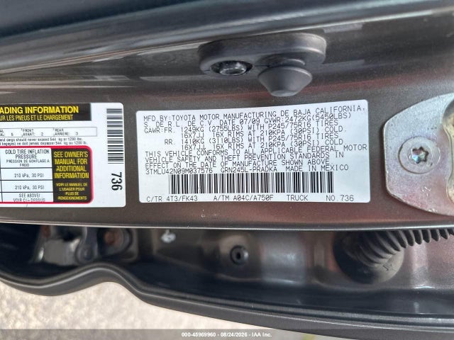 2009 Toyota Tacoma Base V6 მანქანა იყიდება აუქციონზე, vin: 3TMLU42N09M037576, აუქციონის ნომერი: 45969960