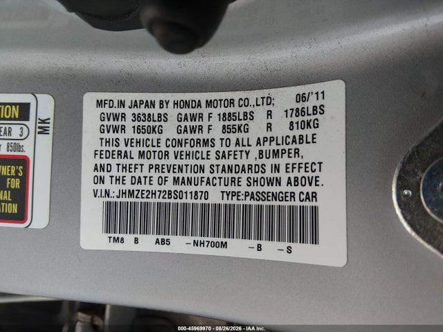 Aukcja sprzedaży 2011 Honda Insight Ex, vin: JHMZE2H72BS011870, numer aukcji: 45969970