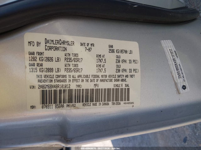 Auction sale of the 2008 Chrysler Pacifica Touring, vin: 2A8GM68X48R101012, lot number: 45969976