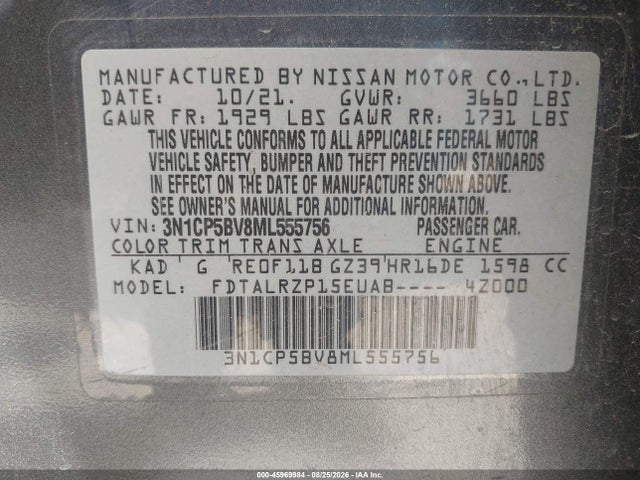 Aukcja sprzedaży 2021 Nissan Kicks S Xtronic Cvt, vin: 3N1CP5BV8ML555756, numer aukcji: 45969984