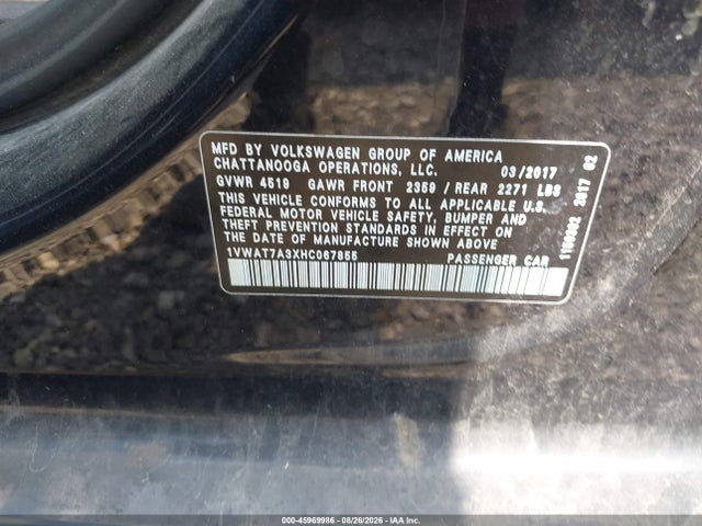 45969986 :رقم المزاد ، 1VWAT7A3XHC067855 vin ، 2017 Volkswagen Passat 1.8t S مزاد بيع
