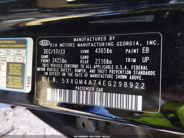 2014 Kia Optima Lx მანქანა იყიდება აუქციონზე, vin: 5XXGM4A74EG298922, აუქციონის ნომერი: 45969994
