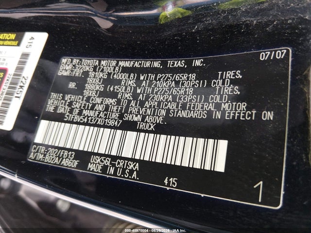 2007 Toyota Tundra Sr5 5.7l V8 მანქანა იყიდება აუქციონზე, vin: 5TFBV54137X019847, აუქციონის ნომერი: 45970004
