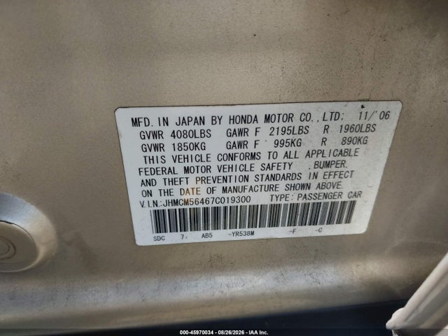 45970034 :رقم المزاد ، JHMCM56467C019300 vin ، 2007 Honda Accord 2.4 Lx مزاد بيع