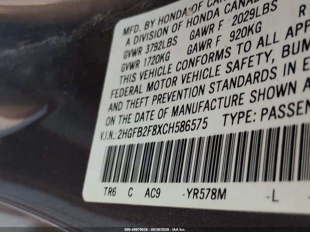45970038 :رقم المزاد ، 2HGFB2F8XCH586575 vin ، 2012 Honda Civic Ex مزاد بيع