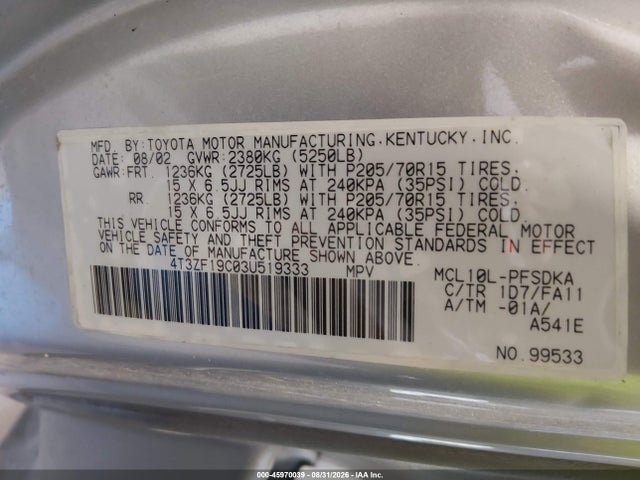 Aukcja sprzedaży 2003 Toyota Sienna Ce, vin: 4T3ZF19C03U519333, numer aukcji: 45970039