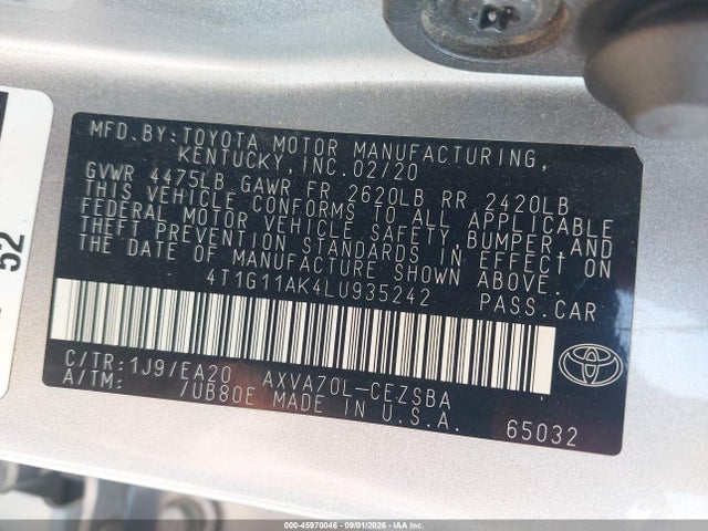 Toyota CAMRY SE 2020 4T1G11AK4LU935242 Image 9