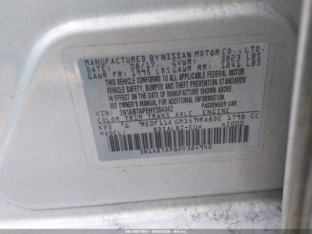 2017 Nissan Sentra S მანქანა იყიდება აუქციონზე, vin: 3N1AB7AP8HY384942, აუქციონის ნომერი: 45970047