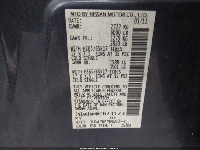 Продаж на аукціоні авто 2011 Nissan Pathfinder Sv, vin: 5N1AR1NN4BC623123, номер лоту: 45970051