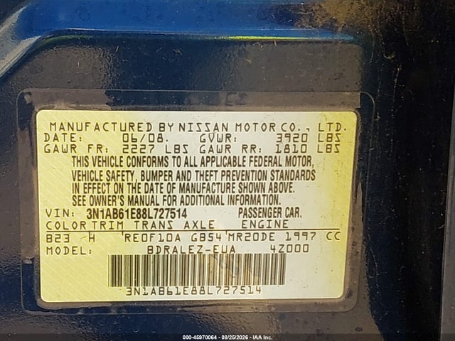 Aukcja sprzedaży 2008 Nissan Sentra 2.0 S, vin: 3N1AB61E88L727514, numer aukcji: 45970064