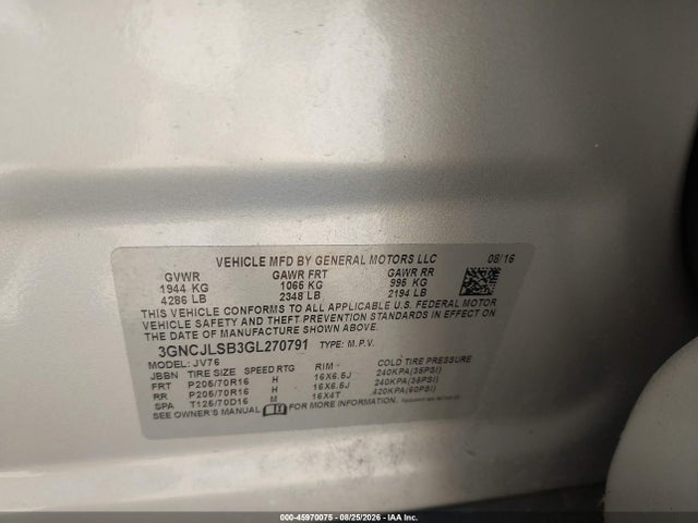 45970075 :رقم المزاد ، 3GNCJLSB3GL270791 vin ، 2016 Chevrolet Trax Lt مزاد بيع